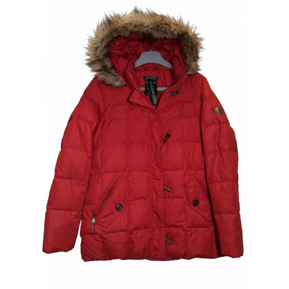 Lauren Ralph Lauren Jackets & Blazers - Ralph Lauren womens medium red down puffer coat hoodie winter jacket fur
